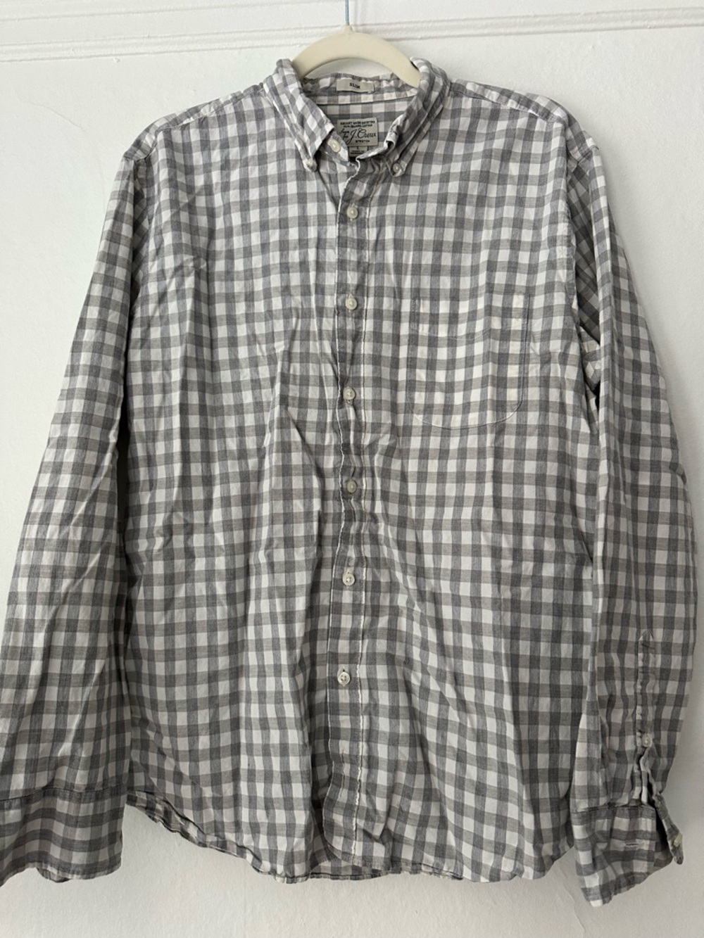 Jcrew Men's Gray & White Gingham Button-Down Shirt Organic Cotton Slim Fit